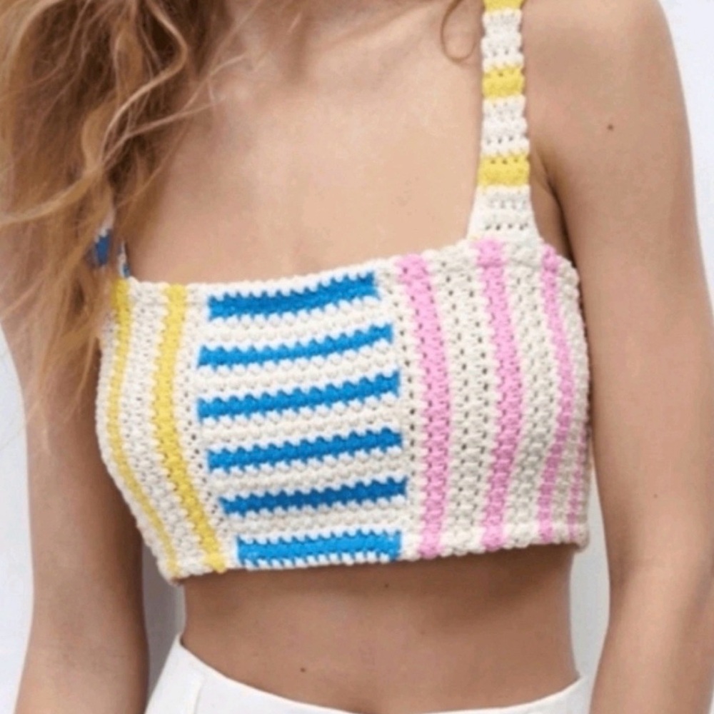 Zara Colorful Striped crochet Crop Top -‎ Small